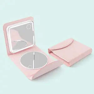 Compact Tri-Fold LED Makeup Mirror – 5X Magnifying Travel Mirror with Touch Dimmable Light, Portable Folding Vanity Mirror, Pocket Mirror (Pink)