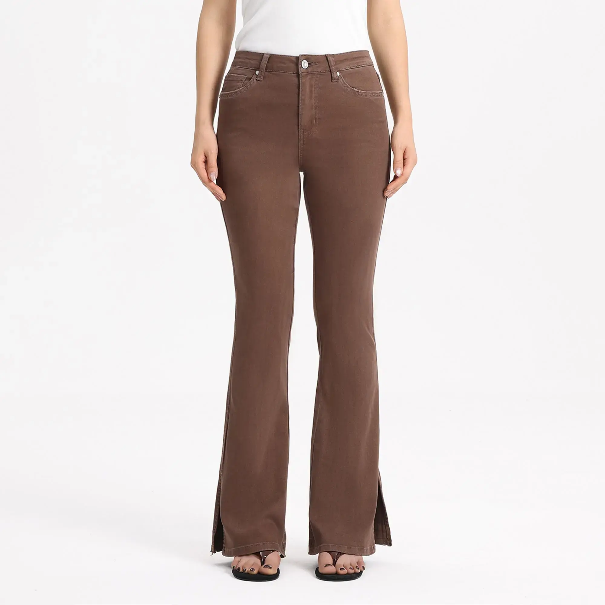 Women's High Rise Flare Jeans Coffee Brown Wash Stretch Denim with Split Hem Detail Slim Fit