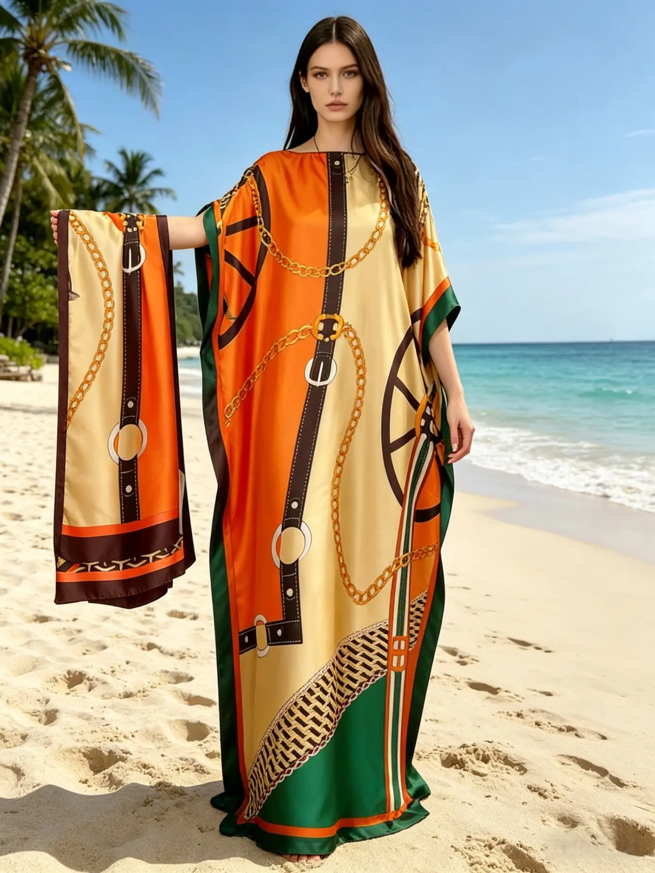 Two piece satin Kaftan set, Beach Kaftans, orange yellow gradient geometric print dress with scarf, Summer Maxi women's oversized beach skirt, a loose choice for daily and party wear, perfect for beaches and resorts