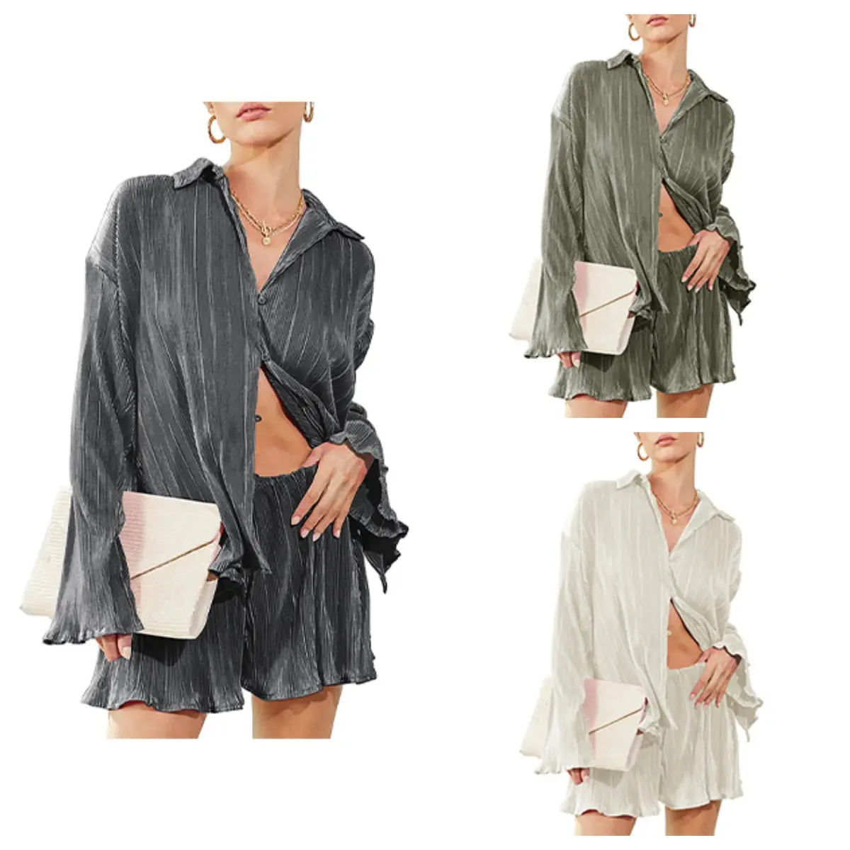 DUTUT Women's Casual 2 Piece Set Outfits Lounge Pajama Long Sleeve Button Shorts Set Fall Fashion Comfortable Loose Fabric Minimalist Outfit Top Clothes