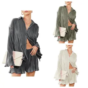 DUTUT Women's Casual 2 Piece Set Outfits Lounge Pajama Long Sleeve Button Shorts Set Fall Fashion Comfortable Loose Fabric Minimalist Outfit Top Clothes