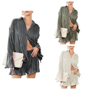 DUTUT Women's Casual 2 Piece Set Outfits Lounge Pajama Long Sleeve Button Shorts Set Fall Fashion Comfortable Loose Fabric Minimalist Outfit Top Clothes