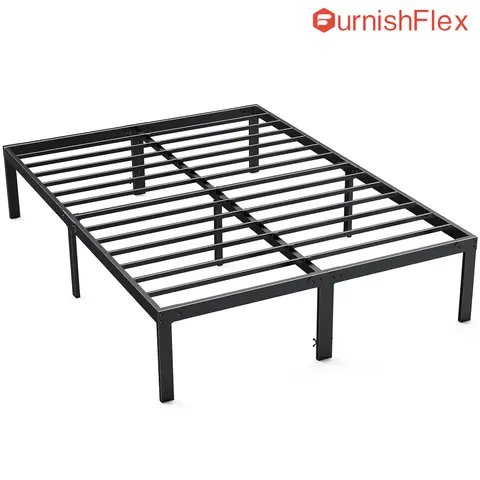 Queen Size Metal Bed Frame - 14in Heavy-Duty Indoor Bedroom Furniture, Minimalist Modern Bed with Polished Safety Edges, Under-Frame Storage Space-Saving Solution for Guests, Assembly Required