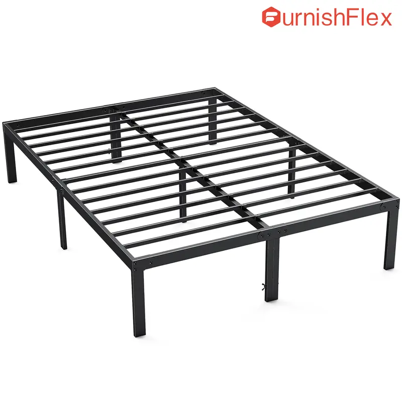 Queen Size Metal Bed Frame - 14in Heavy-Duty Indoor Bedroom Furniture, Minimalist Modern Bed with Polished Safety Edges, Under-Frame Storage Space-Saving Solution for Guests, Assembly Required