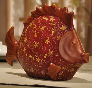 Large Red Fish Sculpture - Hand Painted with Golden Patterns Decor Ornaments