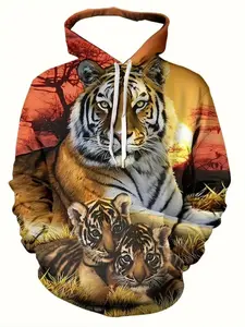 Men's 3D Tiger Print Hoodie, Long Sleeve Casual Hooded Shirt, Drawstring Pocket, Fashion Graphic Jacket, Sporty Daily Wear