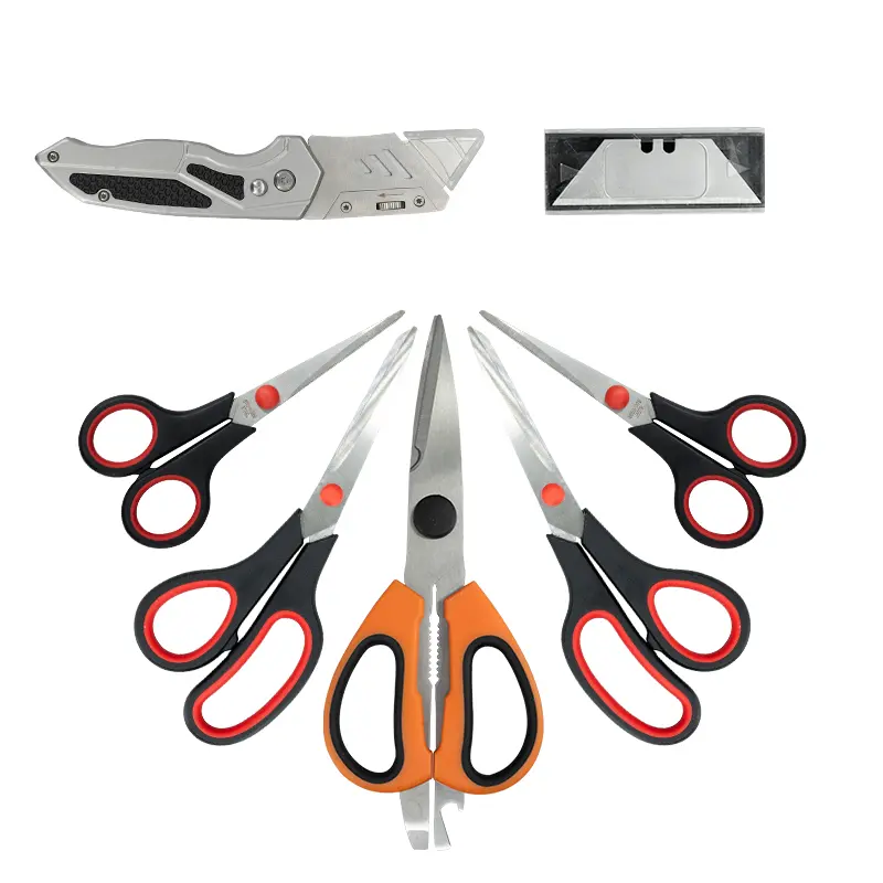 5PCS Multi-Purpose Scissors Set with Foldable Utility Knife, Quick-Change Blade Release, Extra Blades, Non-Slip Textured Handles, Safety & Efficient Design - Sharp Durable Cutting Supplies for Home Office DIY Projects