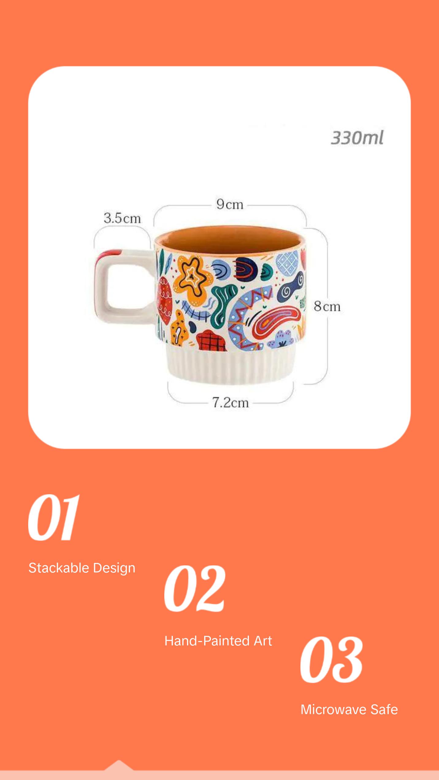 Boho Ceramic Mug Set – Vintage Aesthetic Coffee & Tea Cups (Stackable, Hand-Painted, 330ml