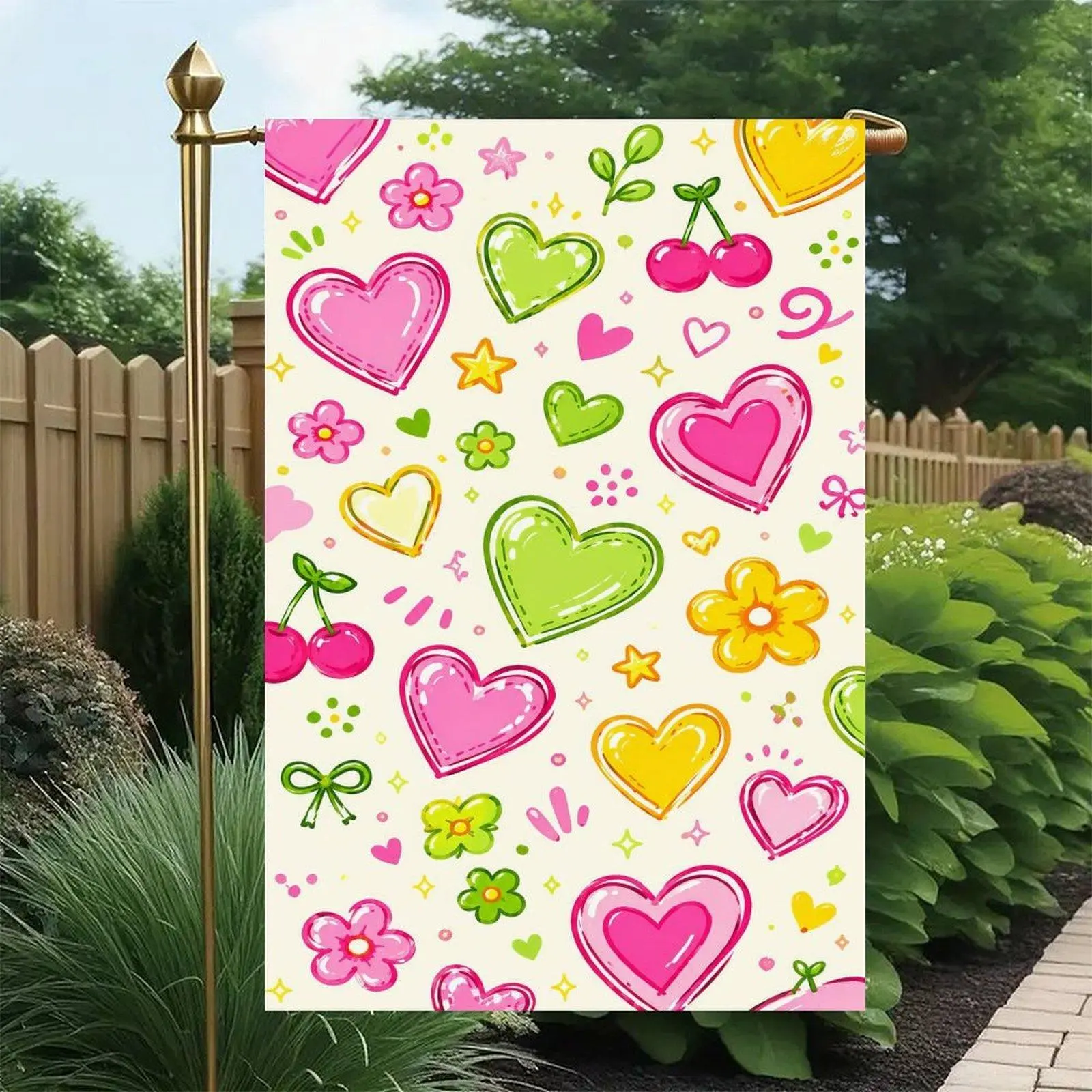 Colorful Heart Cherry Flower Cute Coquette Seamless Pattern Garden Flag, Double Sided, 12 x 18 Inch, Sweet Pastel Spring Outdoor Lawn Decor Flag