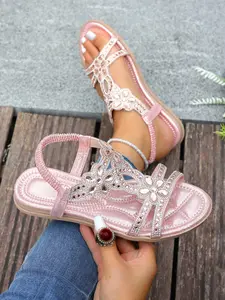 New Women's Rhinestone Flower T-Strap Sandals, Soft Sole Flat Open-Toe Shoes, Luxury Fairy Style Vacation Shoes, Versatile Comfortable Women's Shoes, Fashionable Rhinestone Sandals
