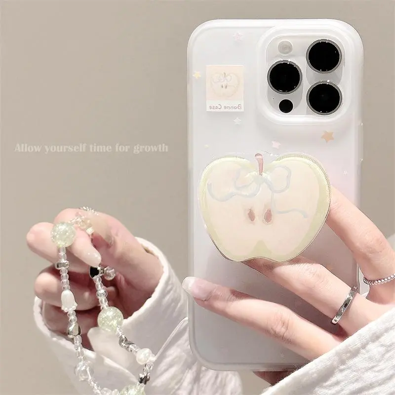 Cute Apple Design Phone Case with Apple Charm & Beaded Rope, Decorative Phone Protector Cover, Phone Accessories Compatible with iPhone 11 12 13 14 15 16 Pro Max, Casing