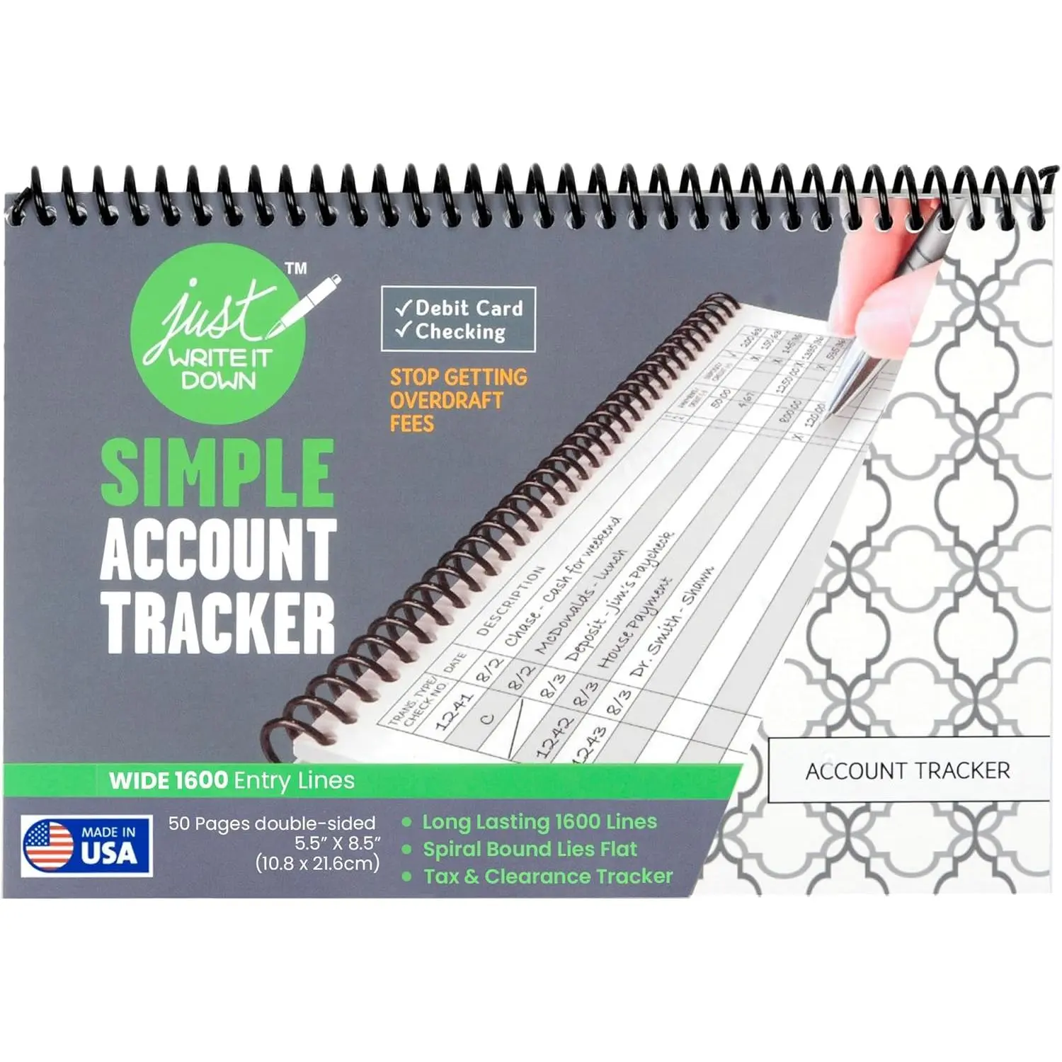 Wide Edition White Simple Big Checkbook with Debit Card Slot - 1 Pack Recycled Paper Accounting Supplies, 1,600 Entry Lines, for Office Long-Lasting Financial Organization & Budget Tracking