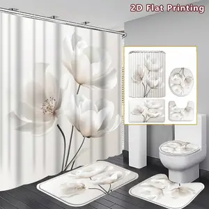 4PCS Elegant White Flowers Shower Curtain set, White Floral Bathroom Decor, Accessories with Bath Mat, U-shaped Mat, Toilet Lid Cover, 12 Hooks 180x180cm Curtain, Floral Enthusiast, Home Decor, bathroom accessories