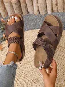 Women's Multicolor Cross Strap Wedge Heel Mules, Vintage Thick Sole Summer Spring Casual Commuter PU Leather Sandals, Retro Style Slip-On Slippers