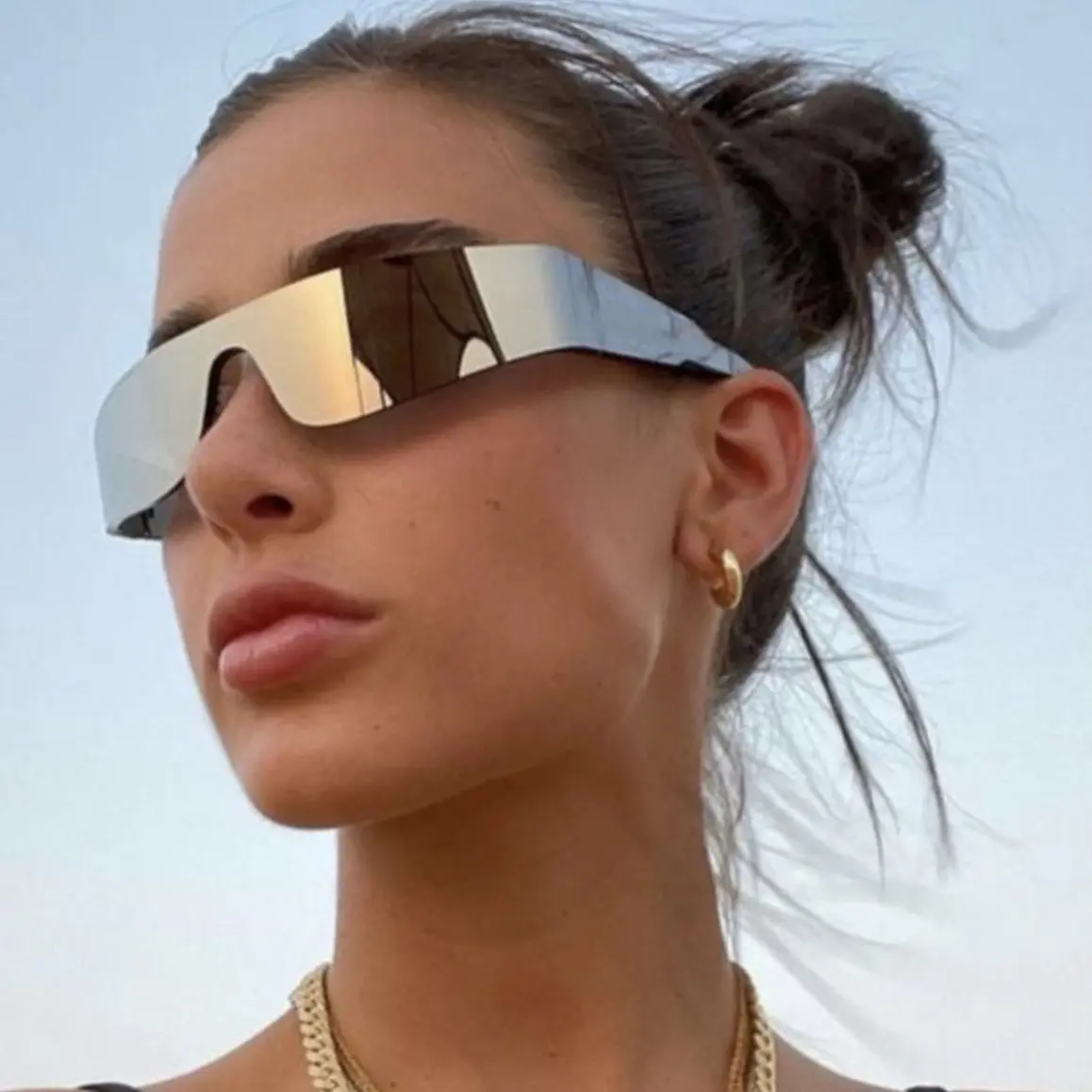 Y2K Cyber Rimless Sunglasses for Women Men - Futuristic One Piece Visor Frame, Trendy Colorful Mirror Lens UV400 Protection