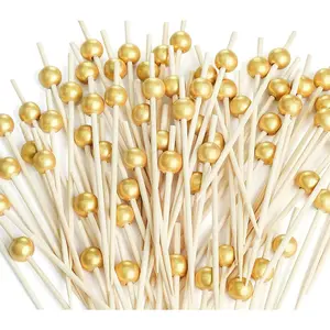Cocktail Picks, Fancy Toothpicks for Appetizers, Decorative Bamboo Skewers for Appetizers, Drinks & Fruit, 4.7 In Long Wooden Gold Pearl Food Sticks, Charcuterie Boards Accessories, Party Supplies