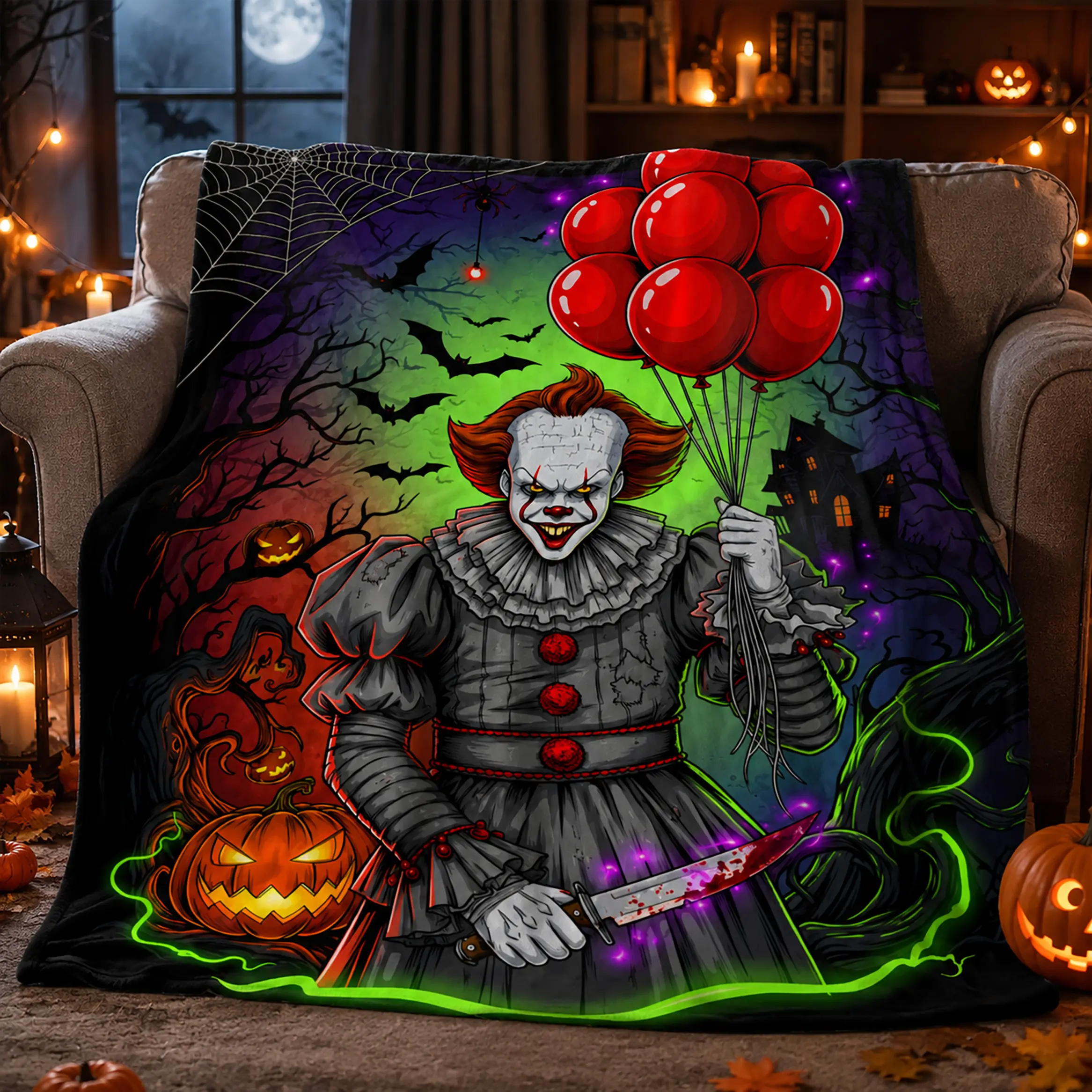 Pennywise Horror Movie Flannel Throw Blanket Ultra Soft Cozy Warm Lightweight Plush Spooky Season Halloween Home Decor for Bedroom Couch Sofa Bed Movie Night Birthday Christmas Gift