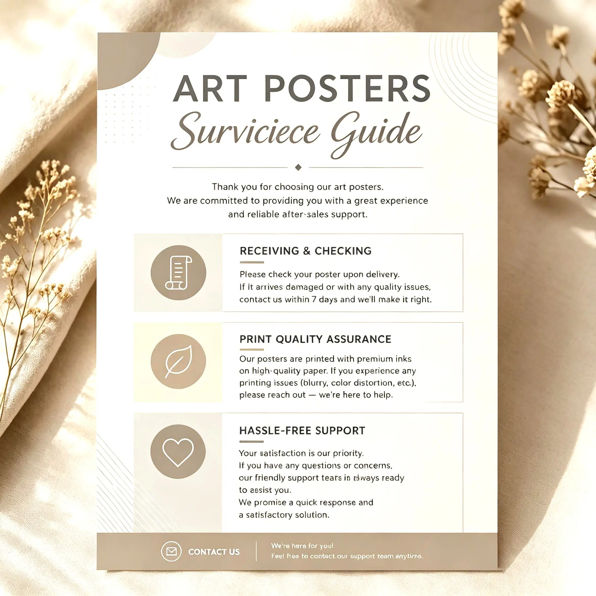 After-Sales Warranty Certificate for Art Posters, Home Decor Wall Art Print