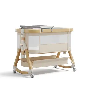 3-in-1 Multifunctional baby crib, Portable Multi-Function Bassinet,Rockable & Bedside, with Diaper Station + Mosquito Net + Storage Basket,6-Level Height Adjustable, Portable Crib for Newborn