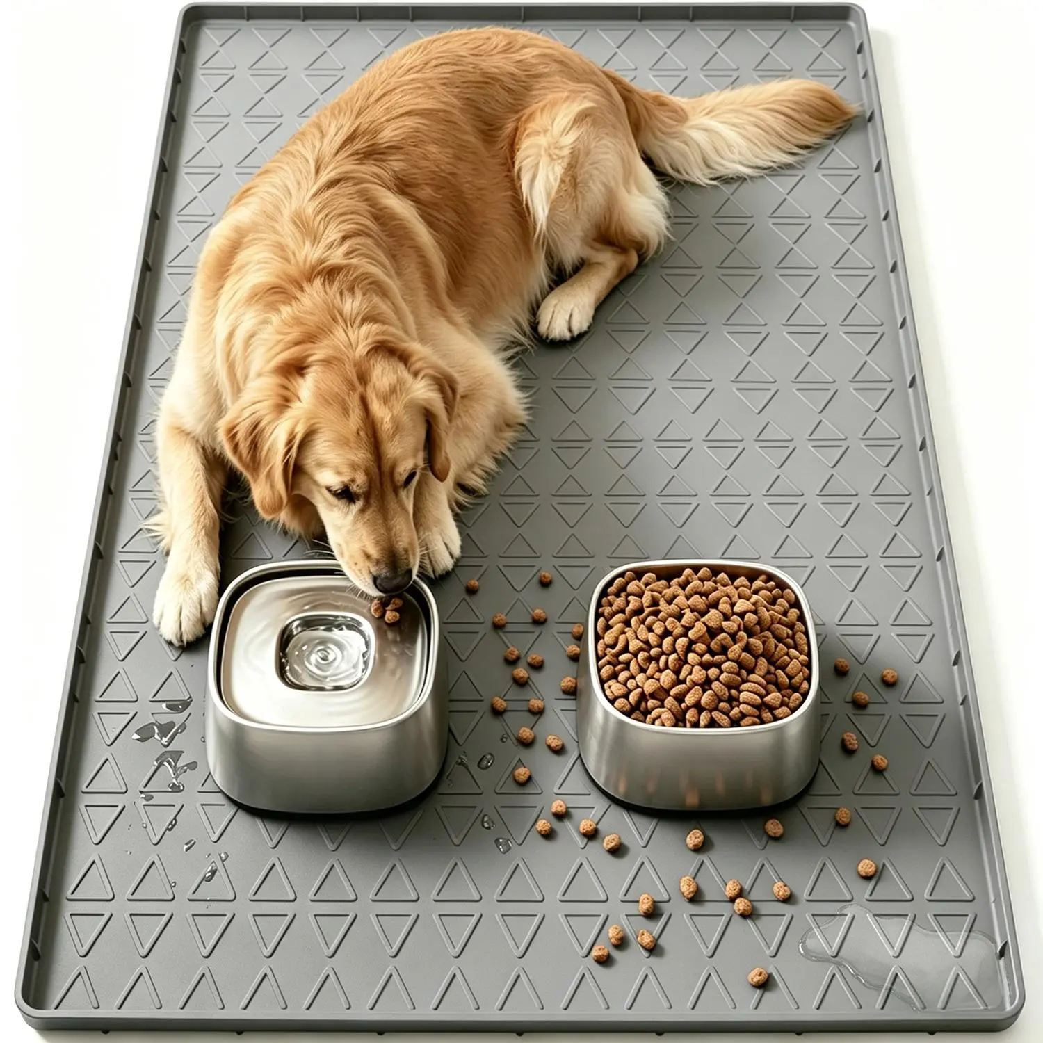 Pawtners 2-Pack Large Silicone Dog Food Mat with Raised Edge, Waterproof Non-Slip Pet Feeding Mat for Floors, Dog Bowl Mat for Food and Water, Spill Proof Cat & Dog Feeding Placemat, Easy Clean, 34 x 22, Gray