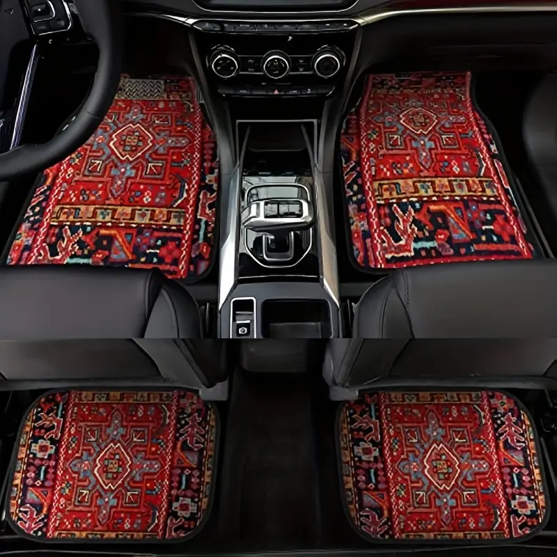 Joyfinity Suitable for all car models, 4pcs set Red Retro Chinese Ancient Stylegrids Pattern Car Carpet, All Year Round Vehicle Carpet, with non-slip Bottom Seat, Easy to Clean Car Interior Accessories