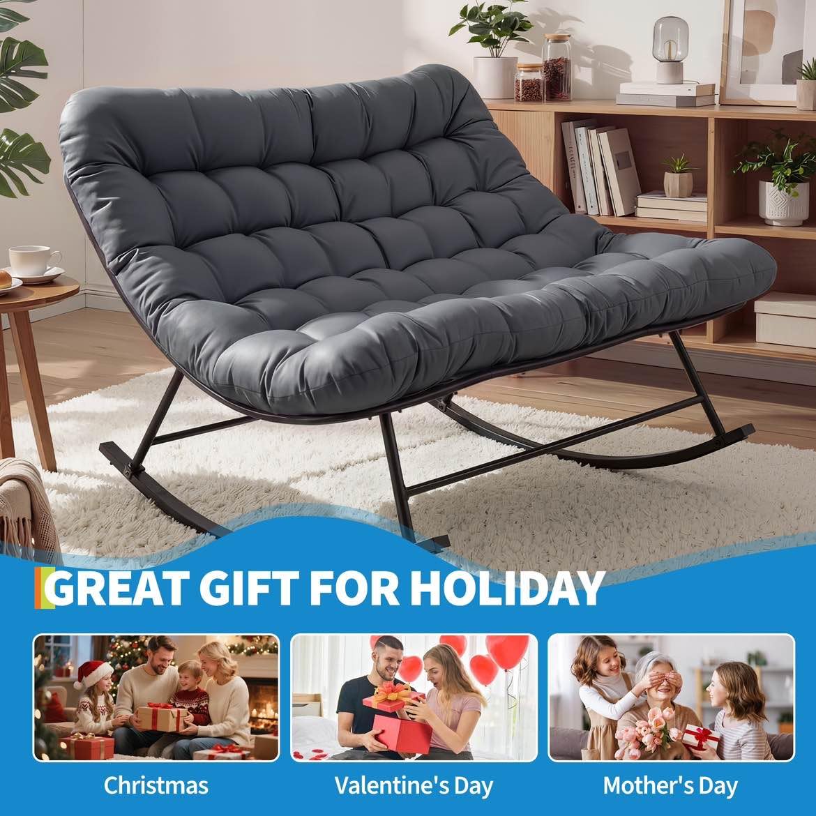 Egg Chair Oversized Rattan Rocking Chair Outdoor Rocking Chair, Oversized Patio Wicker Egg Chair with Thick and Removable Cushion, Metal Frame, Rattan Comfy Rocking Lounge Chairs for Living Room, Balcony & Yard
