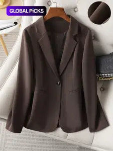 Women's Button Front Blazer Jacket, Slim Fit Long Sleeve Coat, Office Wear, Spring & Fall Fashion, Minimalist Plain Design with Pockets