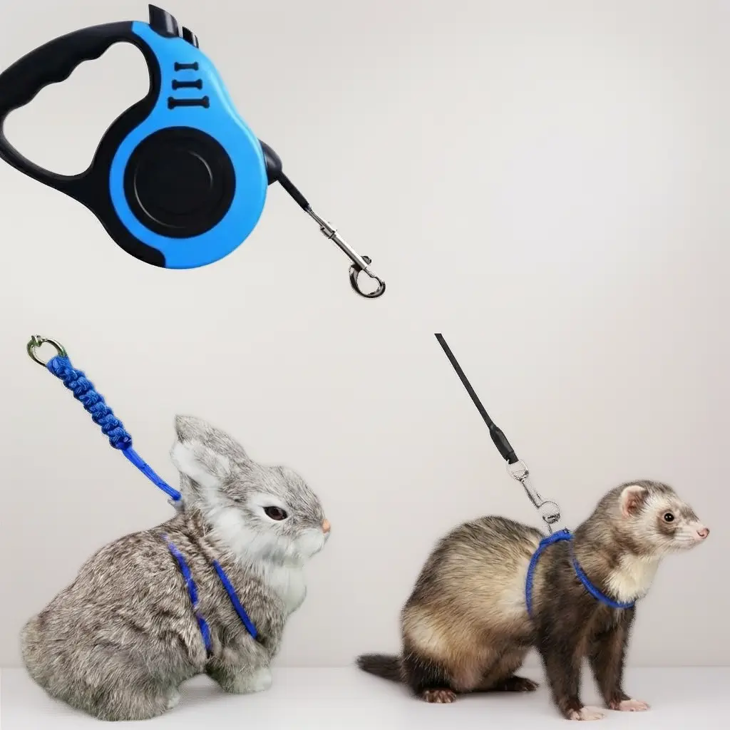 3-Piece Escape-Proof Small Pet Harness & Leash Set – 10ft Retractable Lead + 2 Adjustable Rope Vests for Kittens, Ferrets, Rabbits, Guinea Pigs