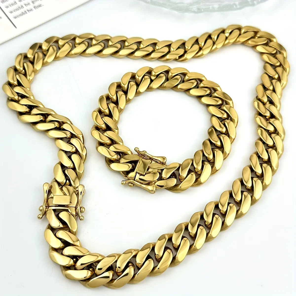 2 Pieces 8-14mm Cuban Chain Stainless Steel Thick Plated 18K Gold Plated New Button Men's Necklace Bracelet Set, Easy to Disassemble Fashion Necklace Gift