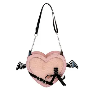FAURALA Heart-Shaped Demon Wings Ita Bag - Angel vs Devil Display Purse for Anime & K-Pop Collectors, Unique Alternative Fashion Shoulder Bag features a clear front window for showcasing pins and photocards for customizable dark aesthetic vibes