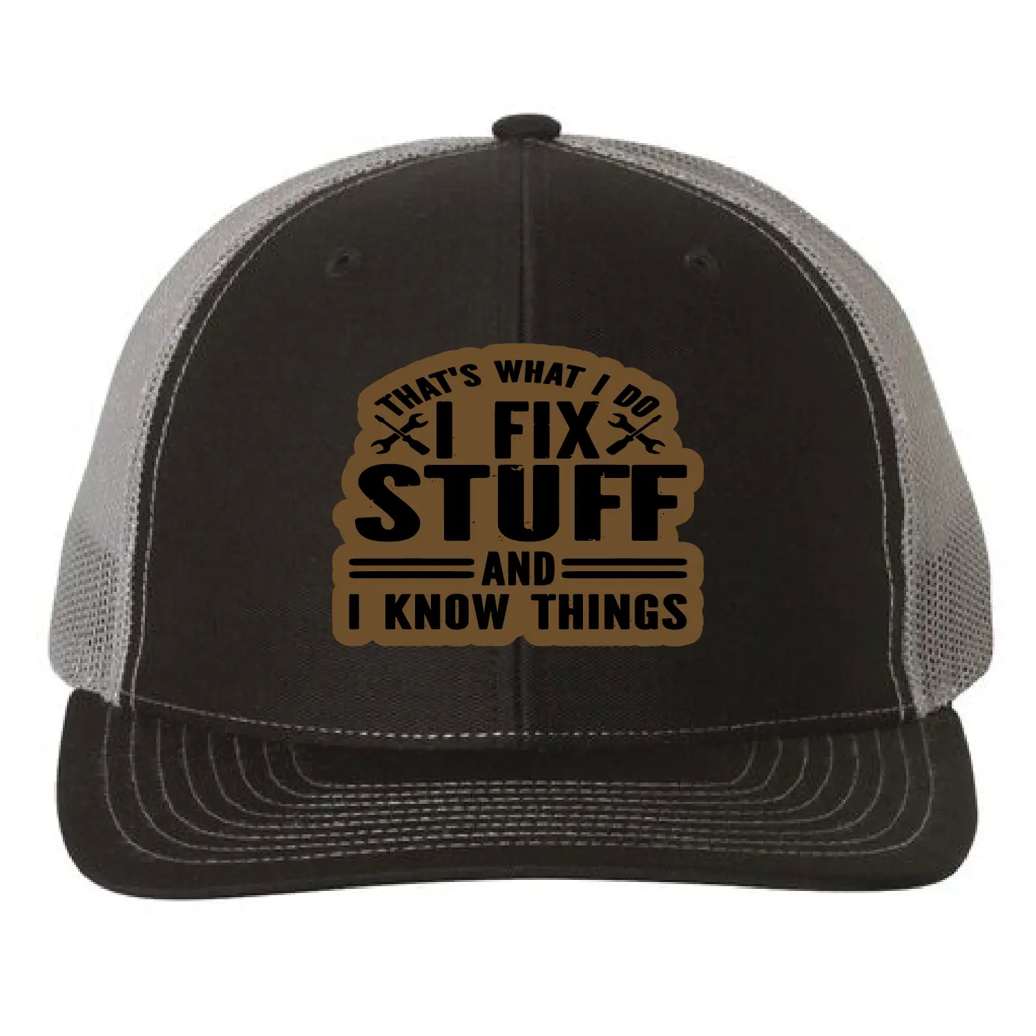 I Fix Stuff and Know Things Hat, Funny Leather Patch Hat, Richardson 112 Trucker, Gift for Him, Handyman Hat, Dad Joke Trucker Hat