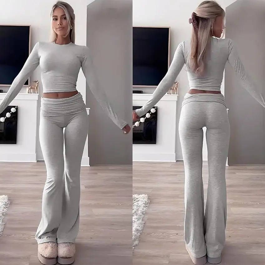 Women's 2 Piece Lounge Outfits Slim Short Sleeve Tops Low Rise Flare Leggings Sets Yoga Sweatsuit