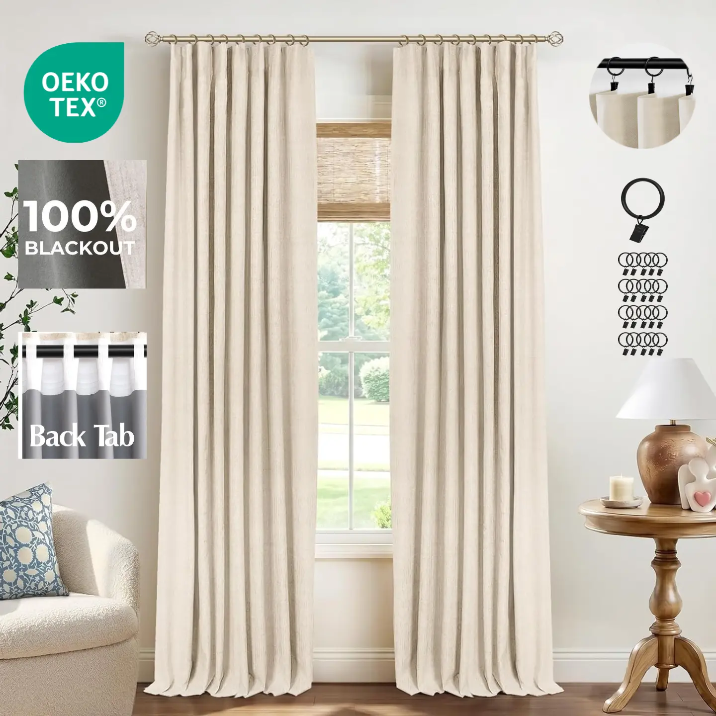 Inovaday | Blackout Curtains-2pcs Linen Curtains for Bedroom,Living Room-Rod Pocket/Clip Rings Style,Thermal Insulated Curtains, Back To School Renter-Friendly/Dorm Essentials,OEKO-TEX Certified Home Decor,Home Essentials
