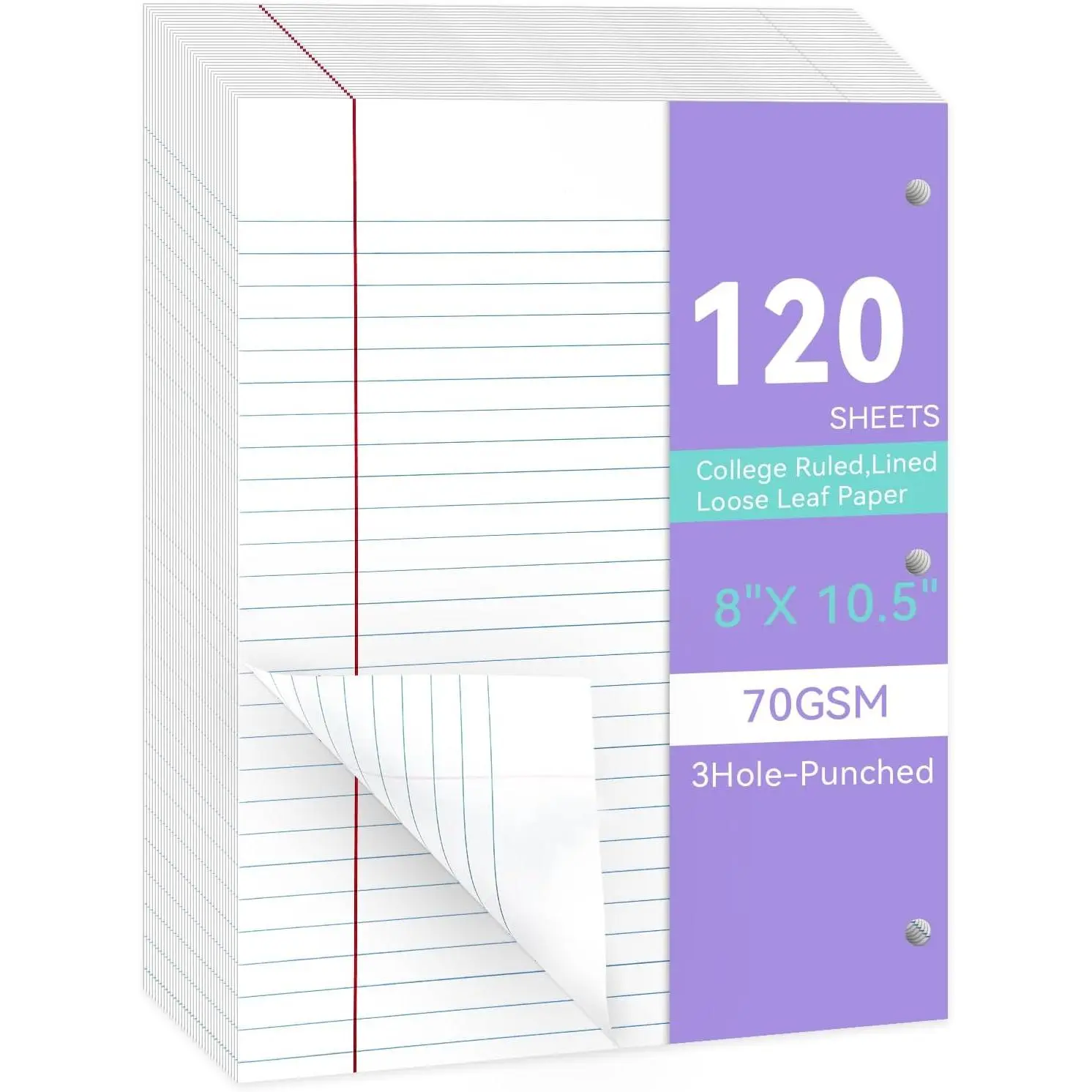 Loose Leaf Paper Wide Ruled Notebook Paper, 8" x 10.5" Lined Filler Paper for 3-Ring Binders, 3-Hole Punched Writing Paper-120 Sheets, White
