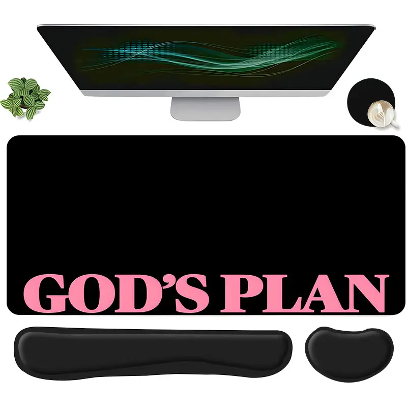 4pcs Pink "GOD'S PLAN"Biblical Verses Design Mouse Pad + Keyboard Wrist Rest + Ergonomic Mouse Pad + Coaster Set For Desktop Decoration, Office Accessories Set Ergonomic Wrist Support, Computer Mat Mouse Pad Coaster Suitable For Home Office Gaming