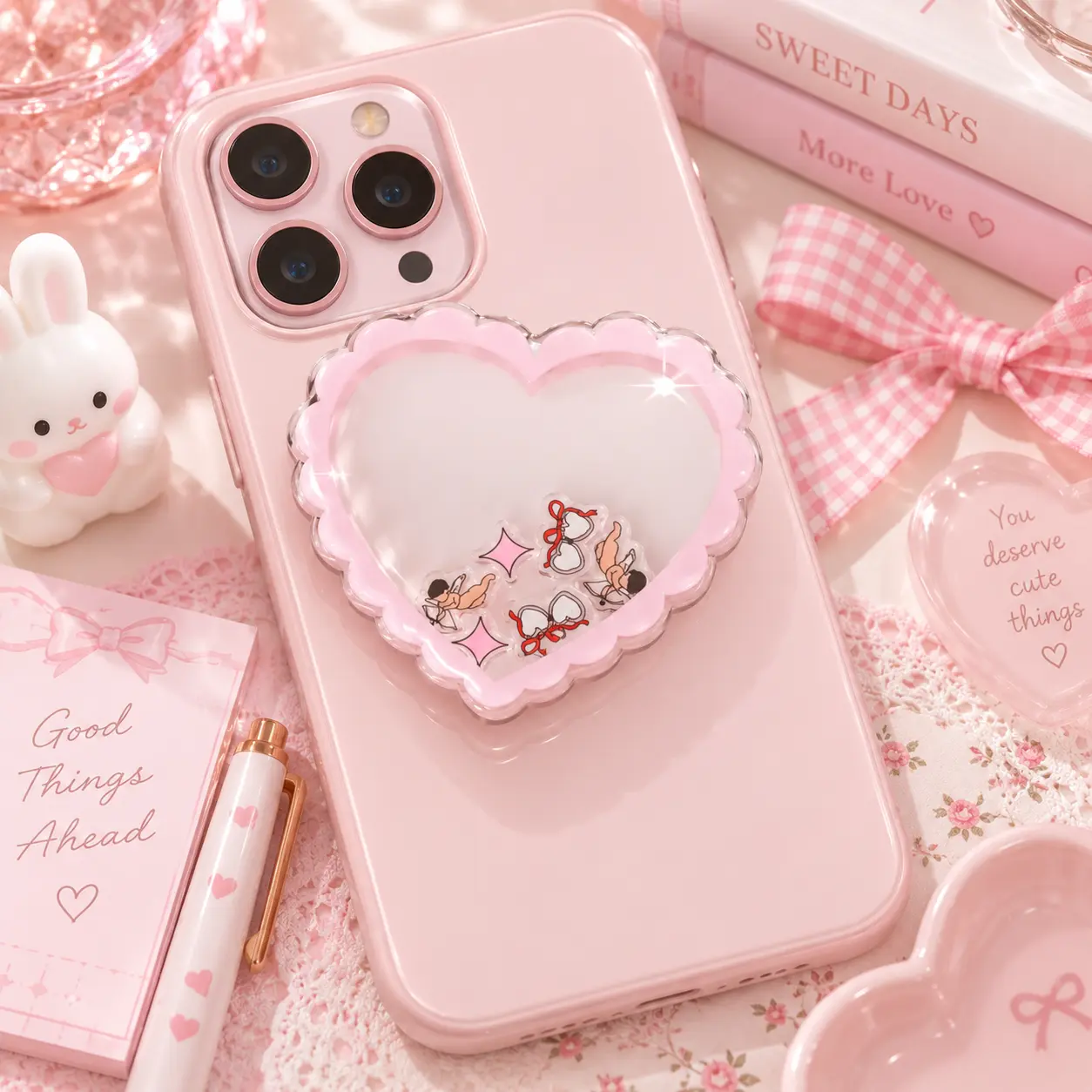 Coquette Pink Heart Liquid Shaker Phone Grip Kawaii Cupid Angel Acrylic Phone Holder Cute Ribbon E-reader Stand Smartphone Desk Accessory With Sharp Print