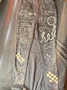 "Hello I'm Emo" Bleach Painted Jeans Black-Skinny (WOMEN SIZE 7)