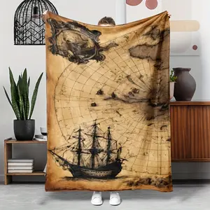 Nautical Ship Map Pattern Flannel Blanket Soft Funny Throw Blanket Cozy Lightweight Plush Portable Cover Blanket For Sofa,Warm Gift For Birthday,Christmas,Multiple Blanket