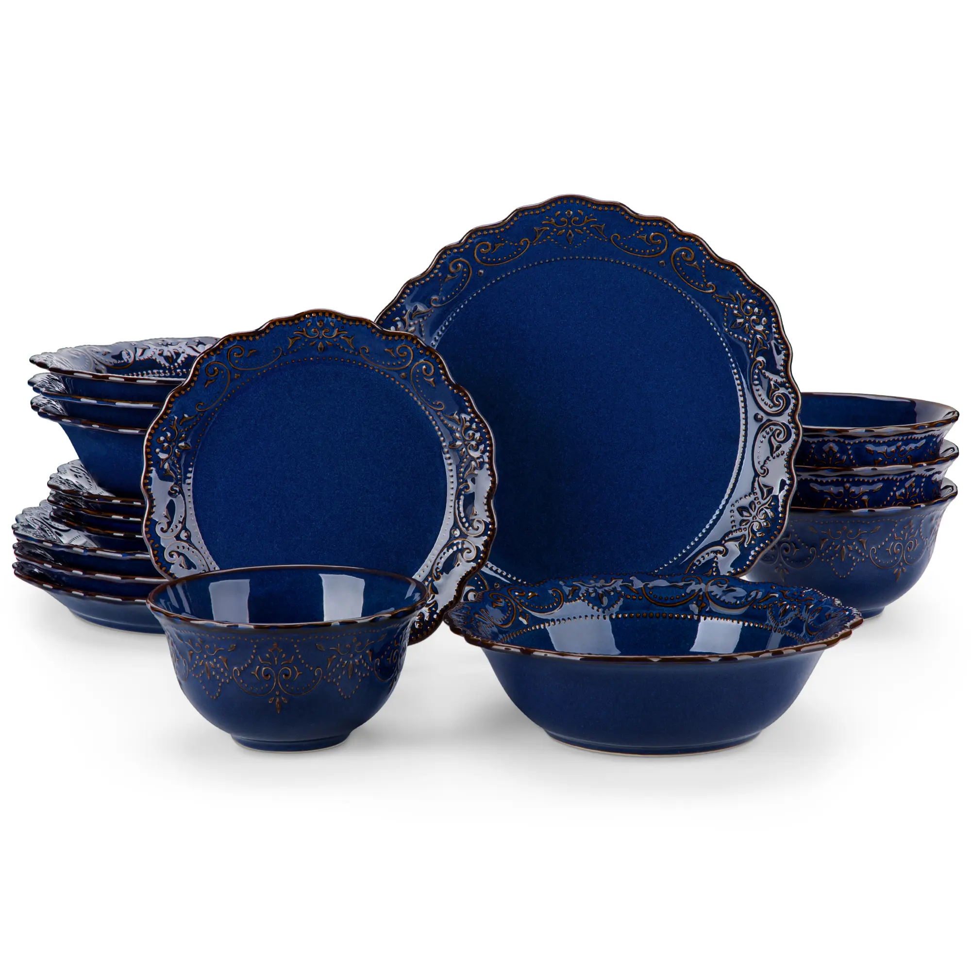 MALACASA Premium Ceramic Dinnerware Set，For 4/8， Includes Dinner & Dessert Plates, Pasta & Cereal Bowls. Vintage embossed design, elegant tableware set is Dishwasher & Microwave Safe. Exquisite Design, GISELLE Series