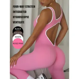 Women's solid color backless bell bottom jumpsuit - abdominal control tight fitting and gym workout pants one-piece set and fitness hip lifting yoga jumpsuit minimalist women's clothingRAIMENTRY