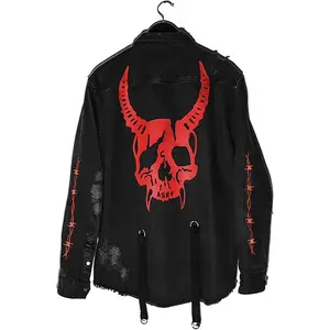 Mens Distressed Denim Jacket Casual Ripped Holes Jean Jacket Hip Hop Punk Street Outwear Black