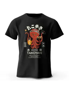 Japanese Octopus Chef Printed T-shirt Soft and Breathable Round Neck Short Sleeve T-shirt for Men and Women Couples Fun Cultural Style Four Seasons Universal