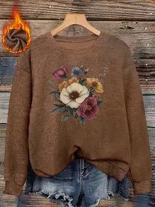 Fall Winter Women's Round Neck Casual Imitation Wool Knit Top, Soft Skin-Friendly Fabric, Retro Floral Print, Long Sleeve Elegant Layering