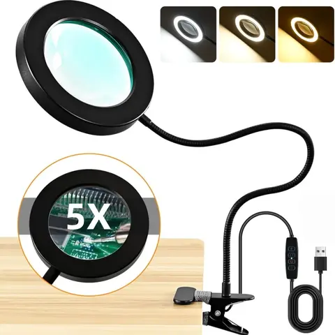 Adjustable Brightness Desk Lamp with Magnifier, Universal Soft Tube, Eye Protection Clip, Suitable for Reading, Office, Handicrafts, Adjustable Lighting