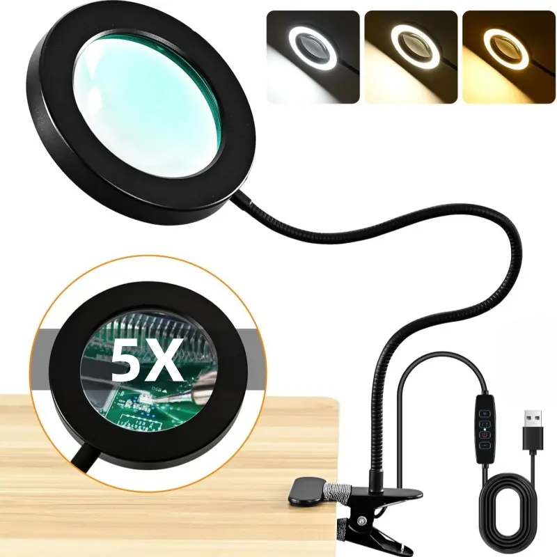 Adjustable Brightness Desk Lamp with Magnifier, Universal Soft Tube, Eye Protection Clip, Suitable for Reading, Office, Handicrafts, Adjustable Lighting