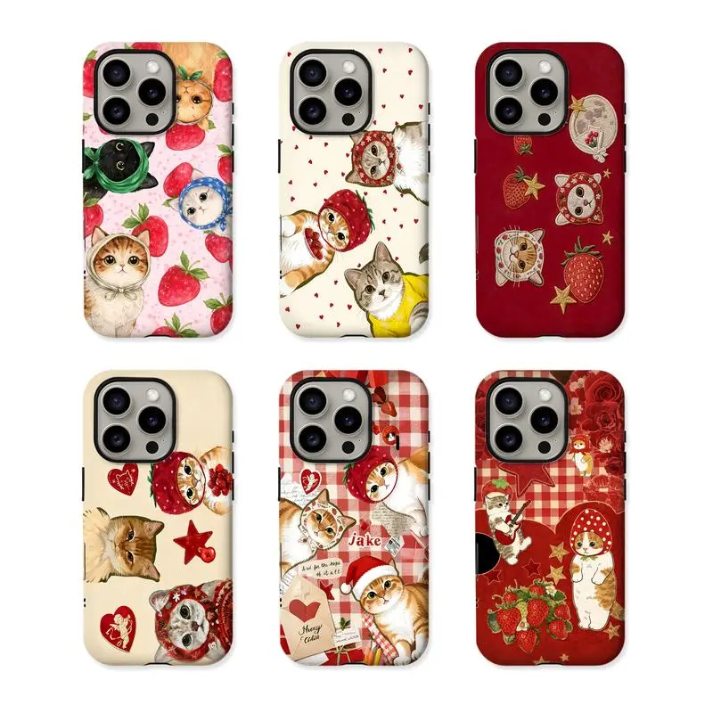 Strawberry Cat Phone Case Cute Aesthetic Cartoon Cat Design foriPhone 17 16 15 14 13 12 Pro Max & Samsung Galaxy S21–S25 Gift Protective Cover Lightweight Slim Shock Resistant TPU Lining UV Printed Reinforced Polycarbonate Shell