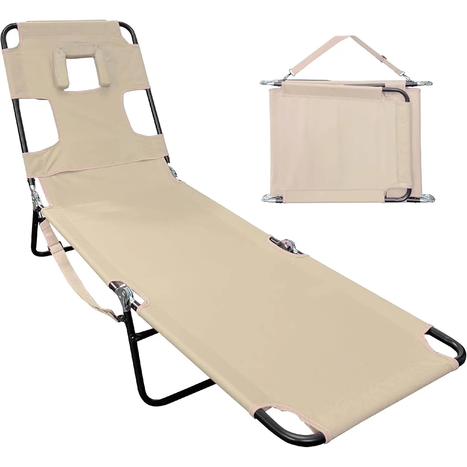 Face Down Folding Tanning Chaise, Tan Striped Design, Face & Arm Holes, 2-Leg Support, Adjustable Backrest, Head Rest Pillow, Patio & Outdoor Use, Home Supplies, Patio Lounge Chair, Outdoor Lounge Chair