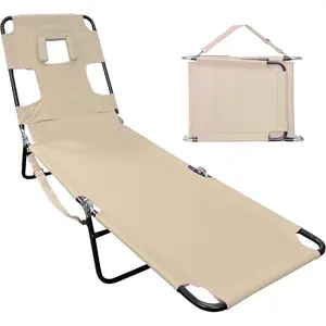 Face Down Tanning Chaise Lounge Chair, Tan Stripes Pattern with Face & Arm Holes, 2-Leg Support Adjustable Backrest, Head Rest Pillow for Beach & Home Use