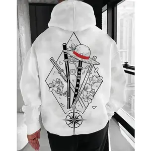 One Piece Manga Hoodie, Minimalist Manga-Inspired Sweatshirt, Iconic Straw Hat Design, Perfect for Anime Enthusiasts, Classic Cotton Menswear Top U