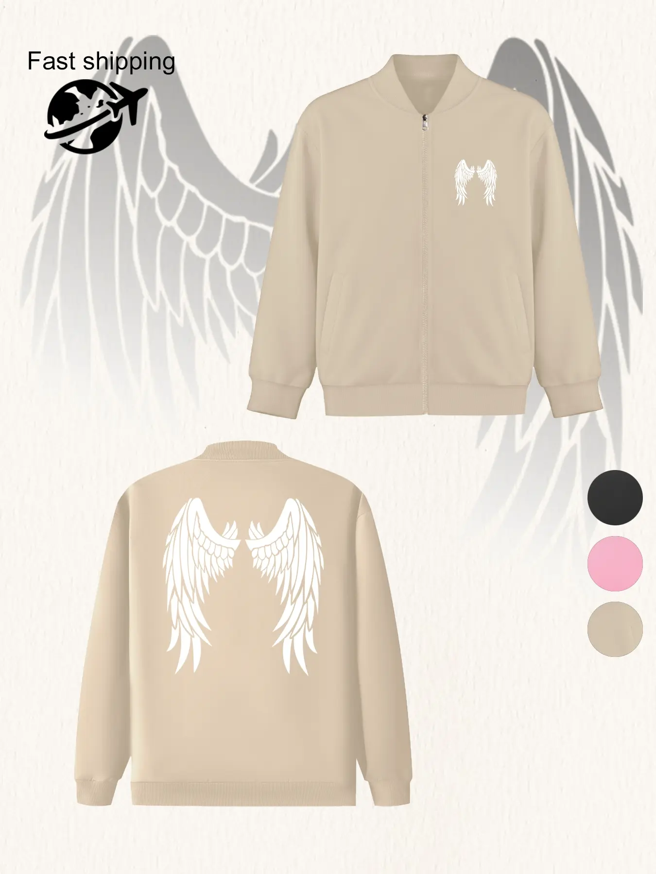 Angel Wing Print Long Sleeve Jacket, Women's Casual Zipper Coat, Comfortable Fashion Design, Ideal Gift, All Seasons Wear